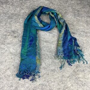 New Directions Wearable Art Peacock Print Turquoise Oblong Fringed Scarf Boho